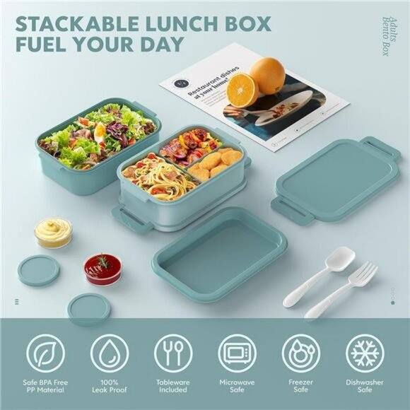 Large Stackable Bento Lunch Box 3 Layer Leakproof Container with Utensils - Picture 3 of 8